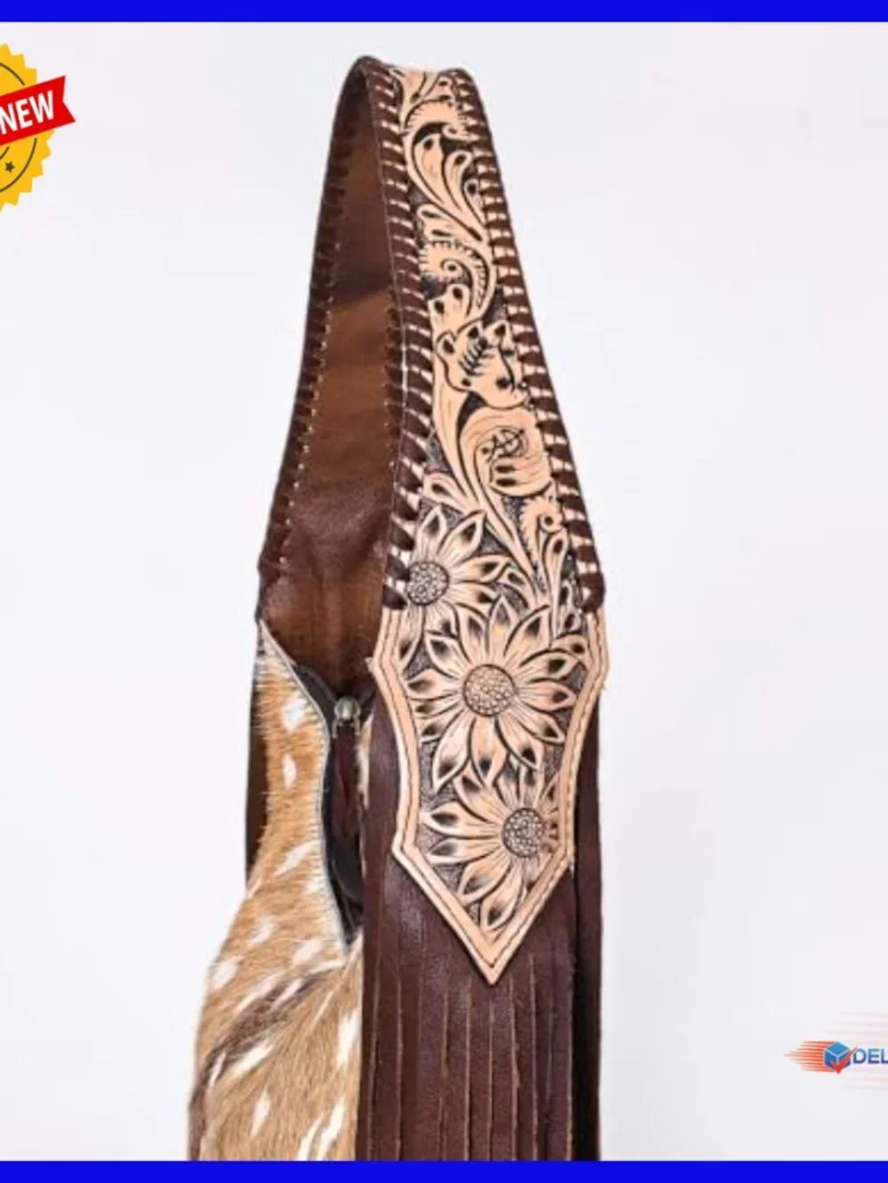 Hand Tooled Floral Leather Hobo Bag with Fringes & YKK Zipper